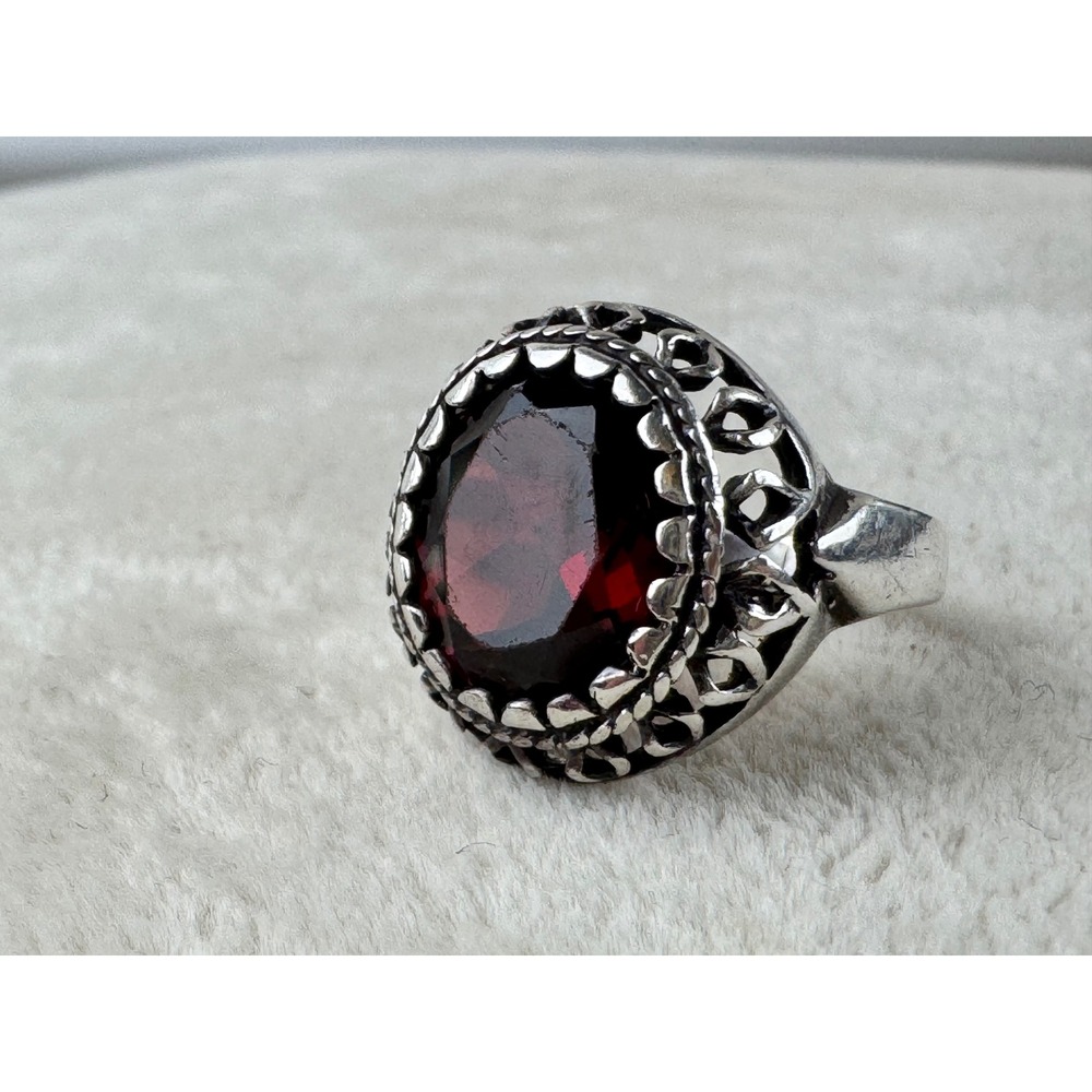 Victorian Revival 10K Gold Bezel Sterling Silver Red Garnet Filigree Ring 5.25